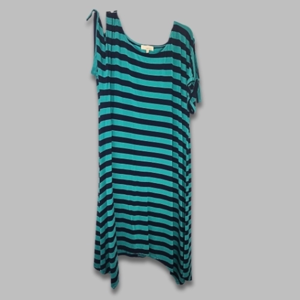 Dept222 Shift Dress Striped Short Sleeves Tie Stretchy Knit Navy/Teal Women’s XL